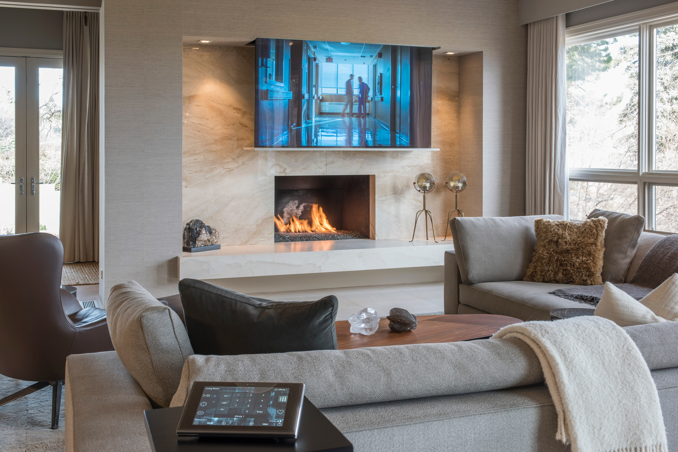Fireplace TV installation with smart control touchscreen